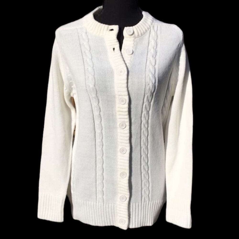 Vintage Nan Dorsey White Cable Knit Granny Cardigan Size Medium - Picture 2 of 10